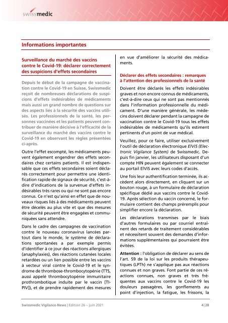 Swissmedic Vigilance-News Edition 26 – Juin 2021