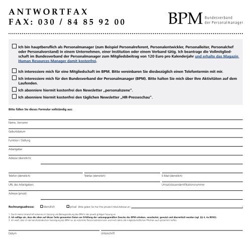 antwortfax fax - BPM - Bundesverband der Personalmanager
