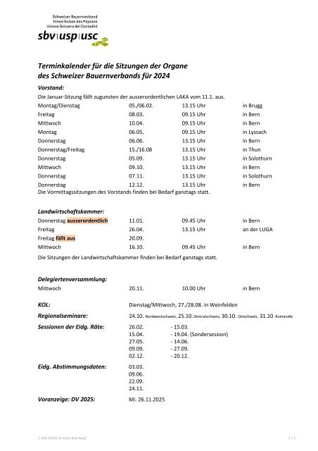 Terminkalender für die Sitzungen der Organe 2024