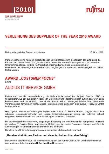 Laudation Supplier of the Year 2010
