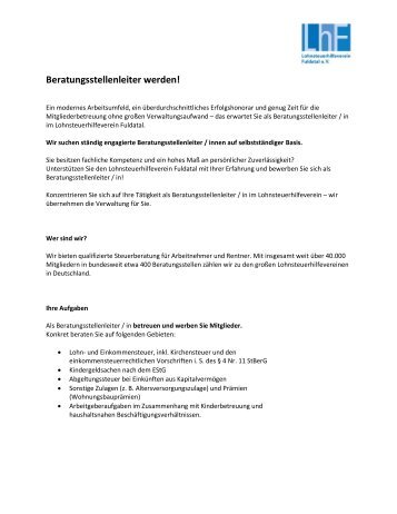 Beratungsstellenleiter werden! - Lohnsteuerhilfeverein Fuldatal eV