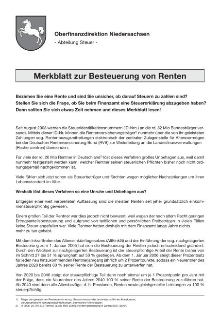 Merkblatt zur Besteuerung von Renten