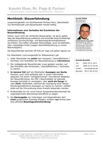 Merkblatt: Steuerfahndung - Kanzlei Hans, Dr.Popp & Partner