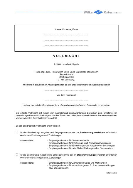 Kanzleivollmacht Steuerberater Luneburg Steuerkanzlei Wilke