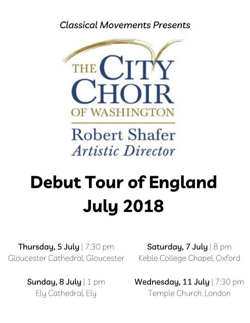 The City Choir of Washington: 2018 England Tour Program Book