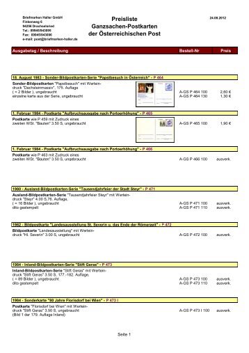 Preisliste Ganzsachen-Postkarten der Österreichischen Post