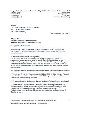 Offener Brief an Prior Maximilian Krenn Stift Göttweig 16März2011
