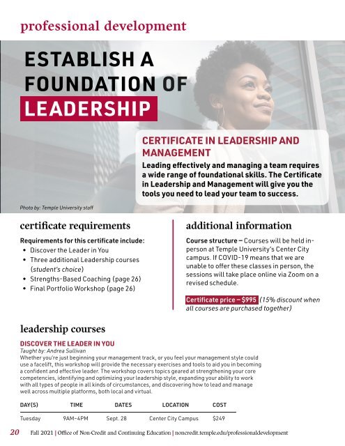 Temple University's Office of Non-Credit and Continuing Education Digital Brochure - Fall 2021