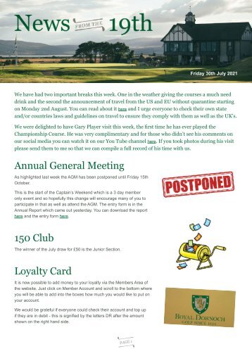 Members Weekly Newsletter 30-07-21