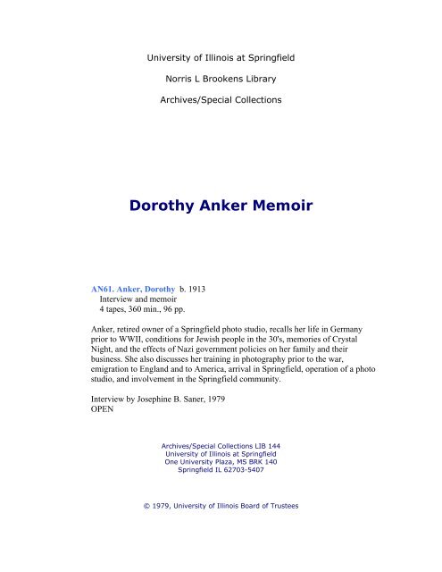 Dorothy Anker Memoir - University of Illinois Springfield