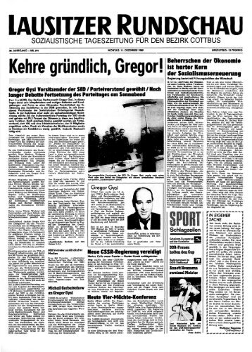 Titelseite der LAUSITZER RUNDSCHAU vom 11. Dezember 1989