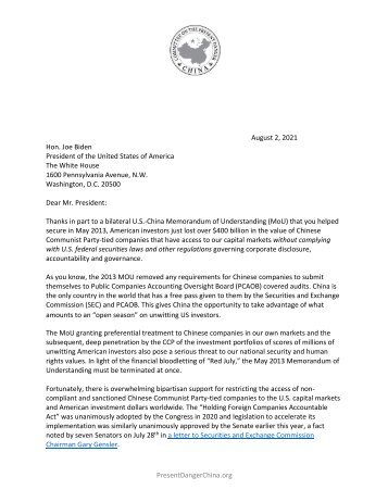 Cmte Present Danger China - Letter to President Biden 8.2.2021