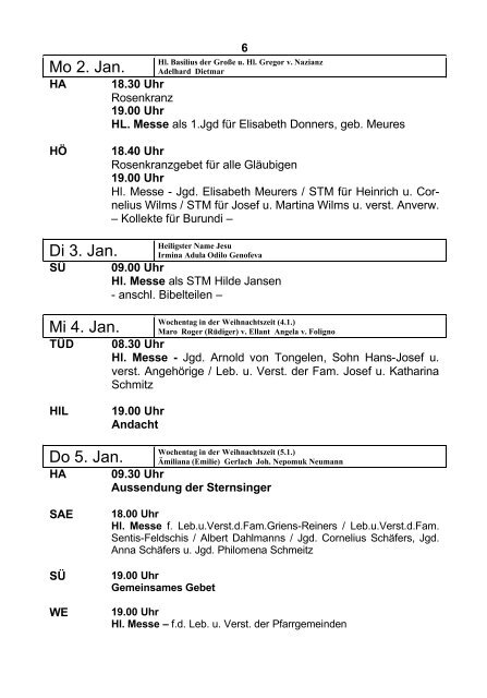 Mo 2. Jan. Di 3. Jan. Mi 4. Jan. Do 5. Jan. - Kirchen im Selfkant