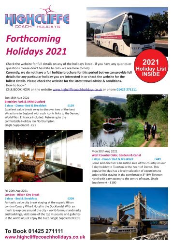 Highcliffe Coach Holidays - Current Holiday Brochure - 2021 - 6th Aug 2021