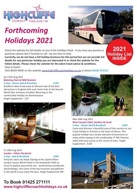 Highcliffe Coach Holidays - Current Holiday Brochure - 2021 - 6th Aug 2021