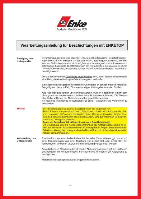 Verarbeitungsanleitung für Beschichtungen mit ... - Enke-Werk