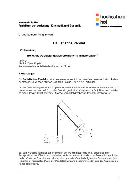 I2a - Ballistisches Pendel - Hochschule Hof