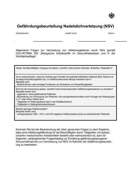 Gefährdungsbeurteilung Nadelstichverletzung (NSV)