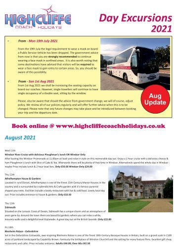 Highcliffe Coach Holidays - Day Excursions - August 2021 release