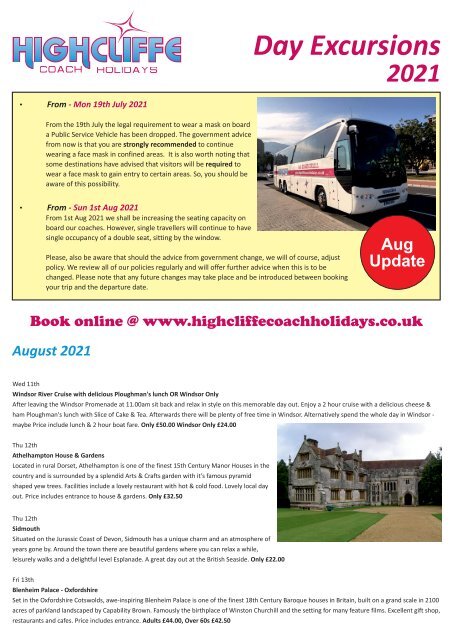 Highcliffe Coach Holidays - Day Excursions - August 2021 release