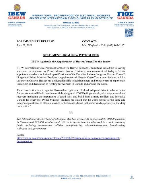 Appointment of Hassan Yussuff to the Senate