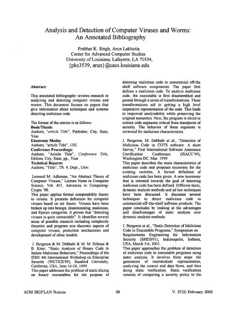 Analysis And Detection Of Computer Viruses And Worms Cacs