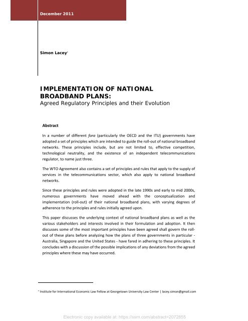 Implementation of National Broadband Plans: Agreed Regulatory Principles and their Evolution
