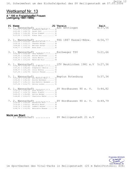 PROTOKOLL für das 16. Schwimmfest um den Eichsfeldpokal am ...