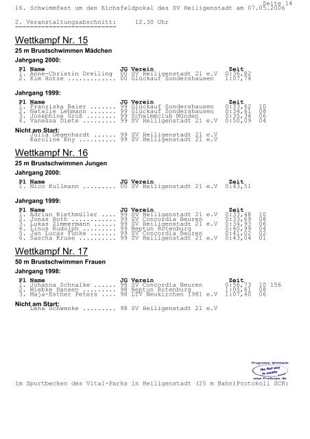 PROTOKOLL für das 16. Schwimmfest um den Eichsfeldpokal am ...