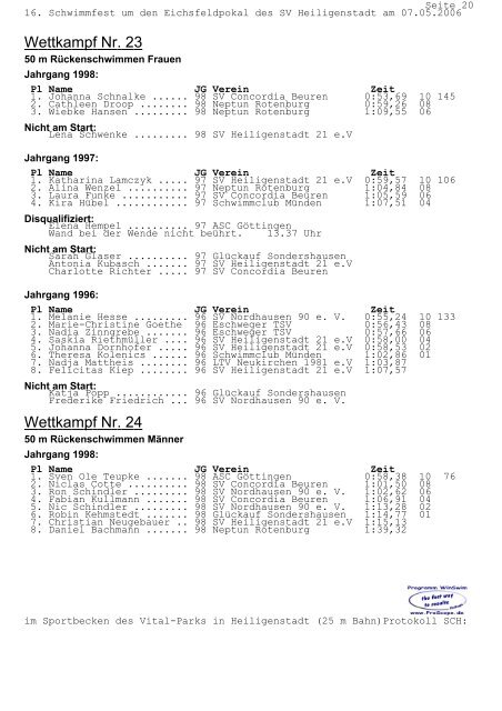 PROTOKOLL für das 16. Schwimmfest um den Eichsfeldpokal am ...