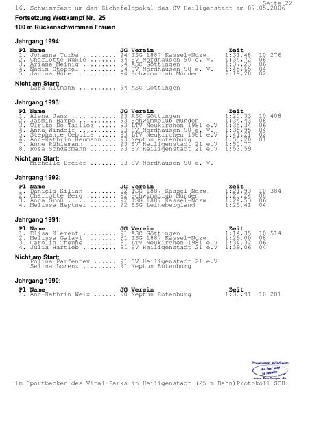 PROTOKOLL für das 16. Schwimmfest um den Eichsfeldpokal am ...