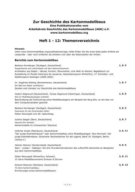 Heft 1 - 12: Themenverzeichnis - Kartonmodellbau.org