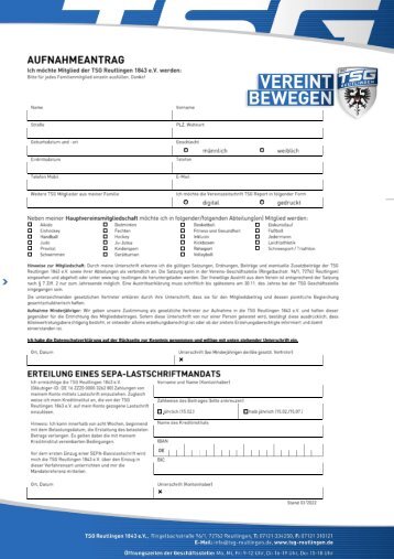 TSG Reutlingen Mitgliederantragsformular  Stand 03-2022