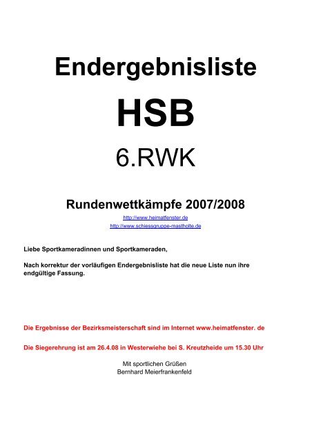 Endergebnisliste HSB - Schießgruppe Mastholte