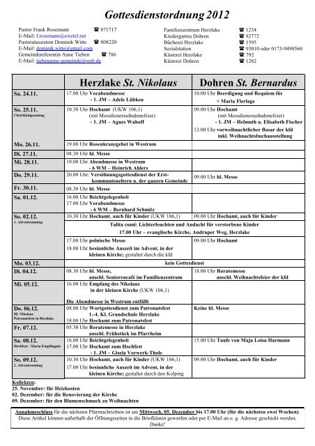 Pfarrnachrichten 2012 - Pfarreiengemeinschaft Herzlake und Dohren