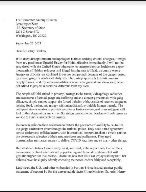 Former U.S. Envoy to Haiti Daniel Foote's Resignation letter from Sep 22, 2021