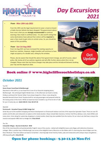 Highcliffe Coach Holidays - Day Excursions - OCT 2021