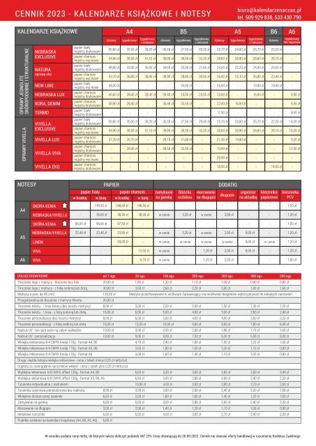 CENNIK KALENDARZY NA ROK 2023 Kalendarze na czas