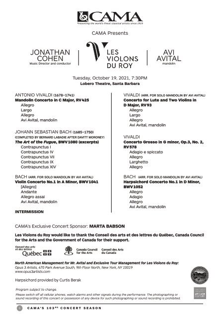 Program Book — CAMA Presents Les Violons du Roy with Avi Avital — Tuesday, October 19, 2021 — Lobero Theatre, Santa Barbara, 7:30PM