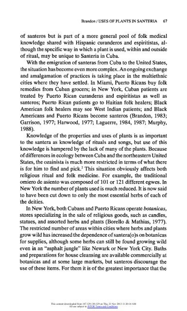 The Uses of Plants in Healing in an Afro-Cuban Religion, Santeria