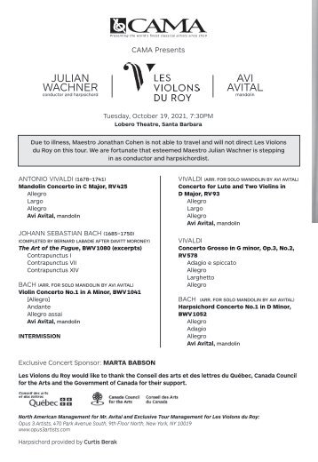 INSERT to Program Book — CAMA Presents Les Violons du Roy with Avi Avital — Tuesday, October 19, 2021 — Lobero Theatre, Santa Barbara, 7:30PM