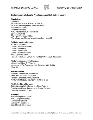 Eine Auswahlliste von Einrichtungen für das Sozialpraktikum