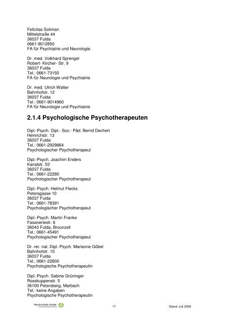 Psychosozialer Beratungsfuehrer 2009 - Hochschule Fulda