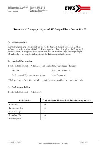 und Anlagenpreissystem LWS Lappwaldbahn Service GmbH