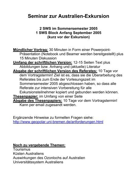 Seminar Zur Australien Exkursion 2 Sws Im Geopolar