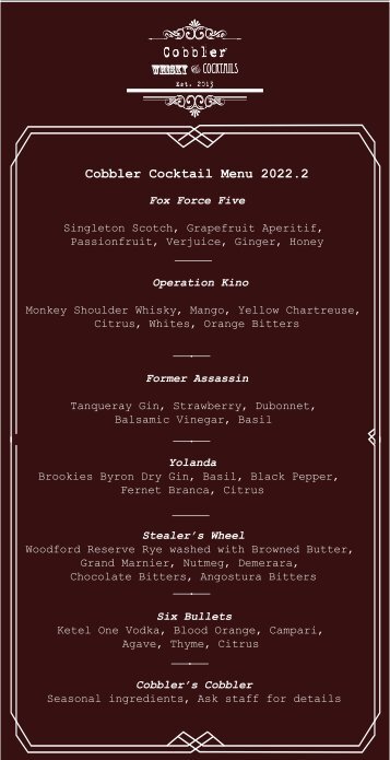 No Price Cobbler Cocktail menu 2021