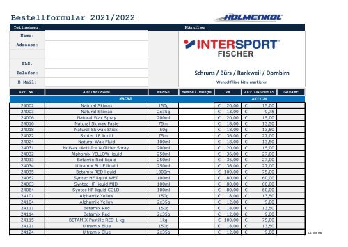 Holmenkol Bestellformular Online 2021 - 2022