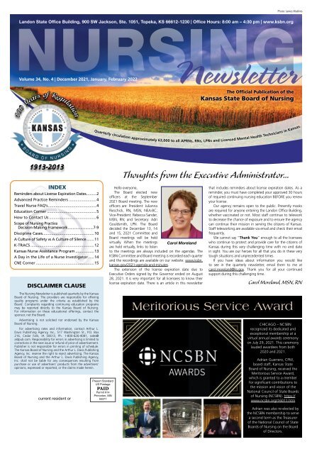 Kansas State Board of Nursing Newsletter - December 2021