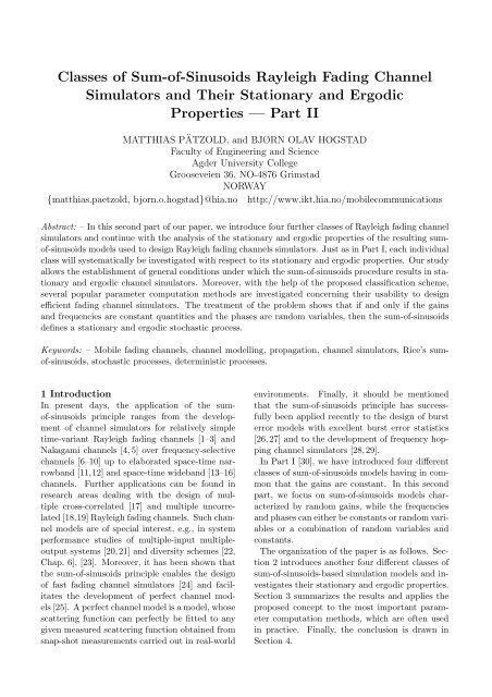 Classes of Sum-of-Sinusoids Rayleigh Fading Channel Simulators ...