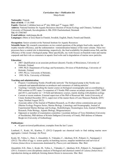 Curriculum vitae + Publication list Marja Koski ... - DTU Aqua
